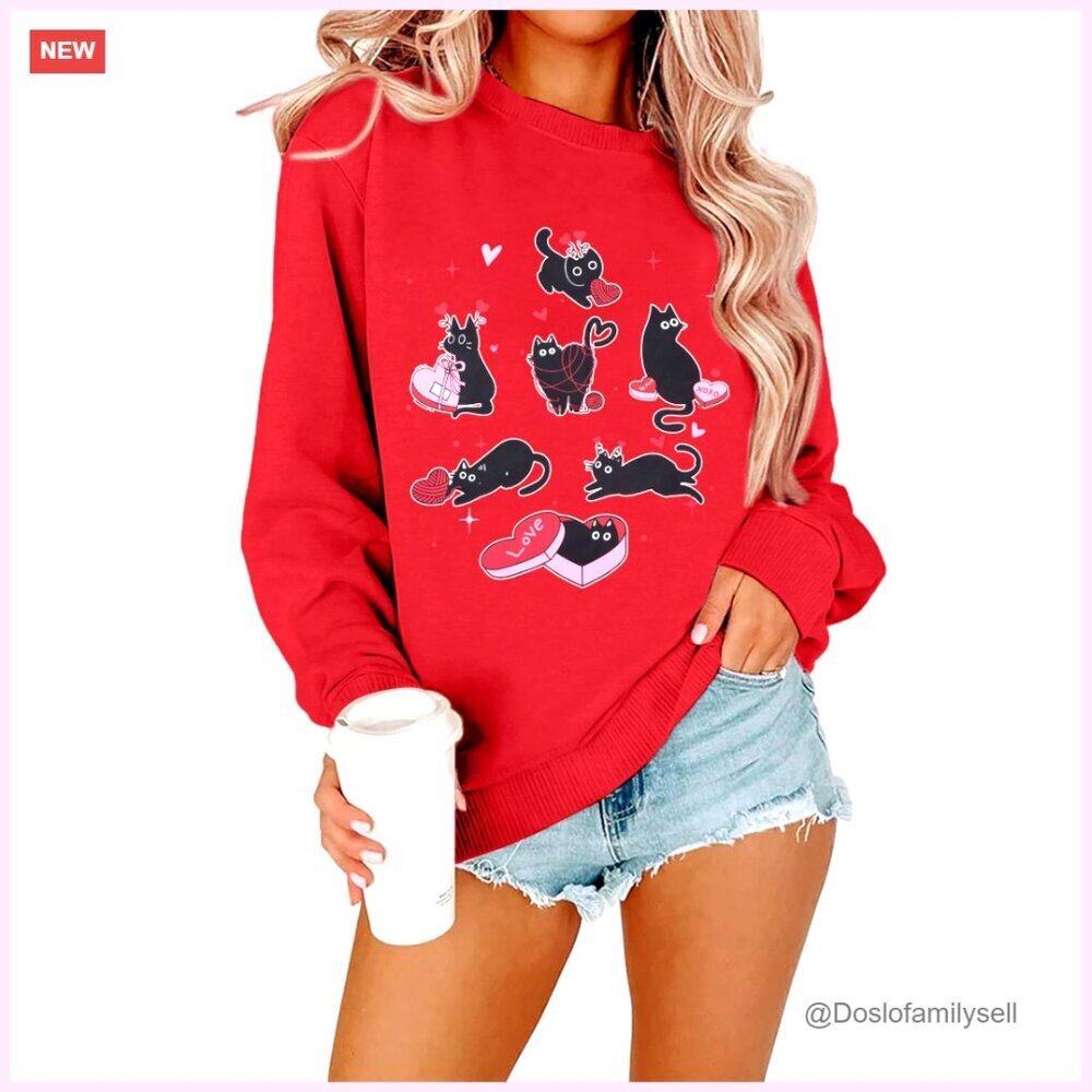 Valentine Cat Sweatshirt Romantic Pullover Y2K Chic Oversized Tops Gift